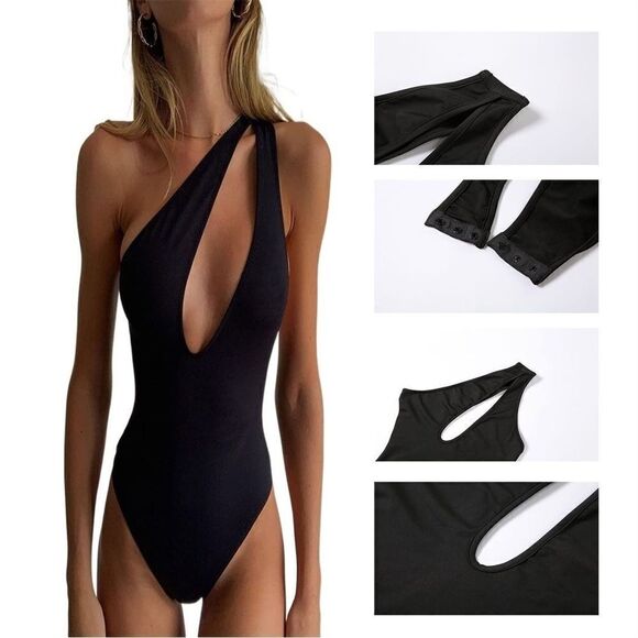 NEW Black One Shoulder Cut Out Body Suit Large - Picture 1 of 6
